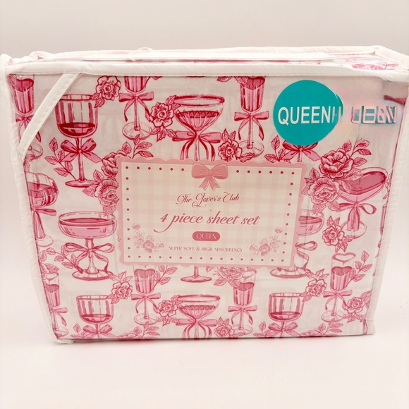 The Lovers Club Queen 4pc Sheet Set Pink Champagne Glass Floral Print Super Soft